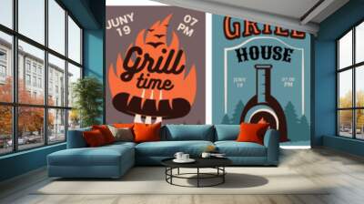 BBQ time, grill party retro poster set Wall mural