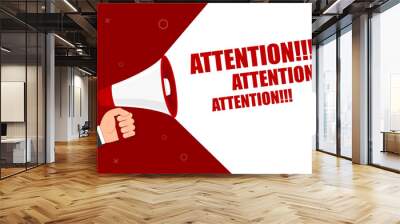 Hand holding megaphone - Attention. Vector flat Wall mural