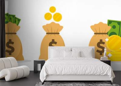 Money bag, dollar coins and banknotes in flat vector illustration. Wall mural