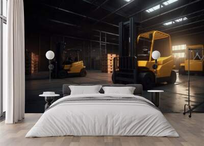 A yellow forklift in a warehouse with the light shining on it. Warehouse logistics. Wall mural