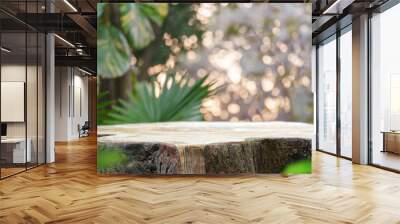 Table top wood podium counter in tropical outdoor nature garden forest jungle green plant with golden sunlight background. healthy natural product placement stand display.spring or summer concept. Wall mural