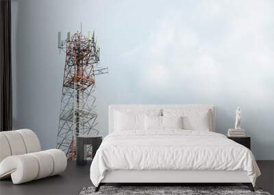 Telecommunication tower with blue sky and white cloud.Radio or satellite pole.Mobile 4g,5g network. Wall mural