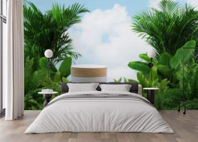 Wood podium tropical forest plant blur cloud blue sky background with space.Organic healthy product present natural placement pedestal display,spring and summer paradise jungle concept. Wall mural