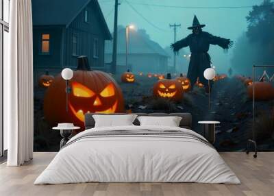 Pumpkins in the street at night ghost Wall mural