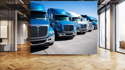 Fleet of blue 18 wheeler semi trucks Wall mural