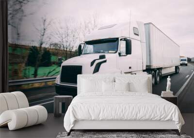 White 18 wheeler semi-truck on highway Wall mural