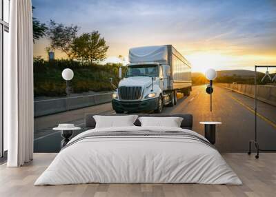 White semi-truck on the highway delivering freight Wall mural