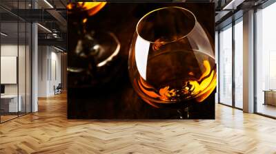 Armagnac, French grape brandy, strong alcoholic drink. Still life in vintage style, selective focus Wall mural