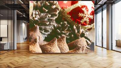 Chocolate truffles, sprinkled with cocoa powder, red Christmas b Wall mural