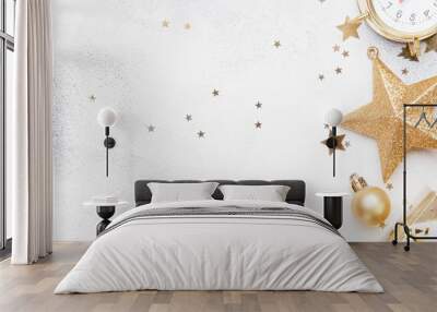 christmas or new year composition, gray background with gold christmas decorations, stars, snowflake Wall mural