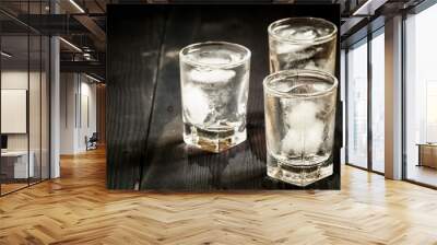 Clold fresh water with ice in a glass on a dark background in vi Wall mural