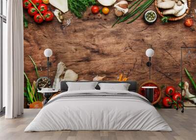 Food cooking background, ingredients for preparation vegan dishes, green bean, vegetables, roots, spices, mushrooms and herbs. Healthy vegetarian food concept Wall mural