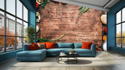 food cooking background, ingredients for preparation vegan dishes, vegetables, roots, spices, mushro Wall mural