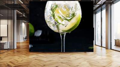 Gin tonic lime alcoholic cocktail drink with dry gin, rosemary, tonic and ice in big wine glass. Black bar counter background, steel bar tools Wall mural