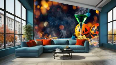 Halloween composition with festive drink, green cocktail and pumpkins lanterns, smoke and fallen leaves on night dark blue background, selective focus Wall mural