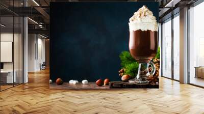 Hot chocolate with whipped cream and cocoa powder. Winter and autumn time. Christmas warm drink. Copy space Wall mural