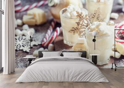 Hot white chocolate with marshmallows in a xmas decoration with Wall mural