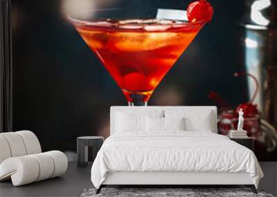 Manhattan alcoholic cocktail with bourbon, red vemuth, bitter, ice and cocktail cherry in glass, night mood image, copy space Wall mural