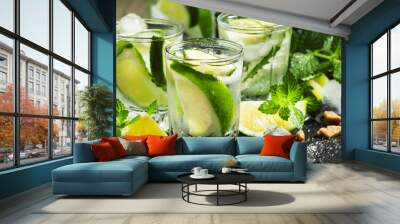 mojito cocktail with lime and ice, black background, selective f Wall mural