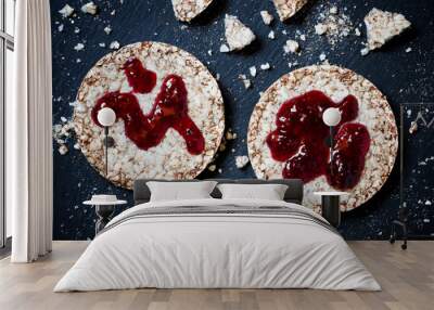 Round whole grain bread with jam without sugar on a dark backgro Wall mural