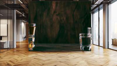 Selection of hard strong alcoholic drinks in big glasses and small shot glass in assortent: vodka, cognac, tequila, brandy and whiskey, grappa, liqueur, vermouth, tincture, rum.  Wall mural