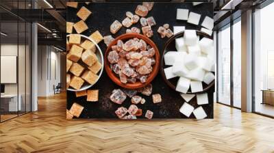 set of different white and brown sugar in assortment, dark background, banner, top view Wall mural