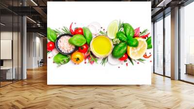 Spices and herbs. Tomato, basil, pepper, garlic, onion, thyme, lime, lemon, salt. Vegan healthy diet food on white banner background Wall mural