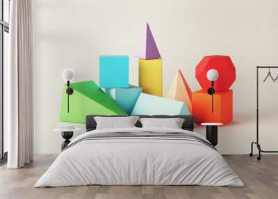 Colorful paper geometric figures on grey background Wall mural