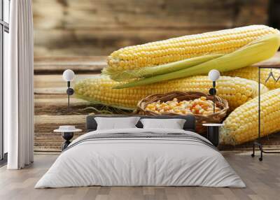 Corns on a brown wooden background Wall mural