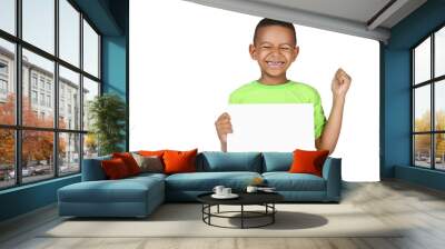 Cute american boy with blank board on white background Wall mural