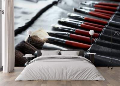 Makeup brushes set in black case Wall mural