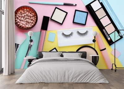 Makeup cosmetics on colorful background Wall mural