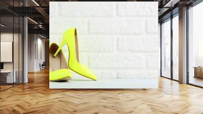 Pair of women's high-heeled shoes on a brick wall background Wall mural