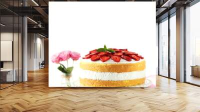 Sweet cake with strawberries on cake stand on white wooden backg Wall mural