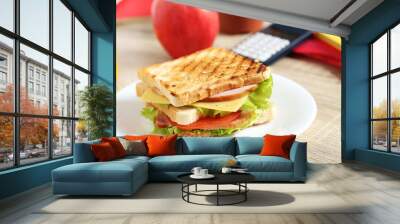 Tasty and fresh sandwiches on a brown table Wall mural