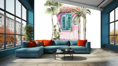 Watercolor interior set. Hand painted african potted cactus, palm, monstera, chair, arch. isolated on white background. Paradise illustration for design, print, poster Wall mural