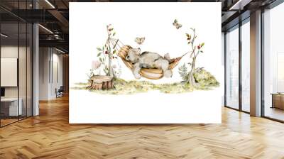 Watercolor nursery woodland composition with character. Hand painted cute baby animals in wild, forest summer landscape, tree, bear. illustration for baby shower design, kids print, wall art Wall mural