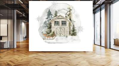 watercolor winter landscape. hand painted christmas forest with cozy red house, fir tree, snow, snow Wall mural