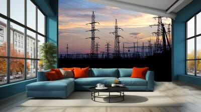 Energy. Supports high electricity against the sunset. Wall mural