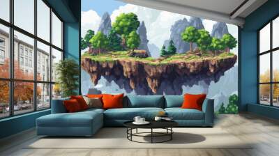 2D arcade game level map with a floating island, towering mountains, green trees, and magical platforms, perfect for a fantasy quest Wall mural