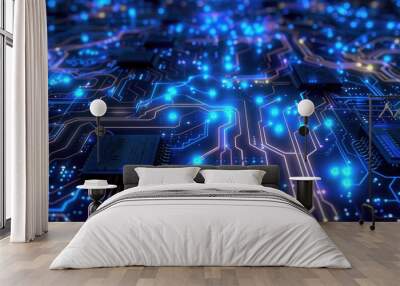 3D abstract digital circuit design in blue, with glowing pathways and chip patterns, representing technological innovation Wall mural