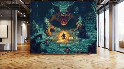 8-bit style fantasy dungeon with pixel art monsters and adventurers fighting through a maze of traps and treasures Wall mural