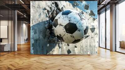 A 3D soccer ball crashing through a concrete wall with intense force, capturing action and power in a high-energy sports scene. Wall mural