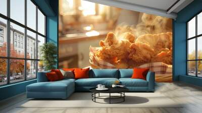 A basket of freshly fried chicken pieces with steam rising, set against a background of a cozy kitchen Wall mural