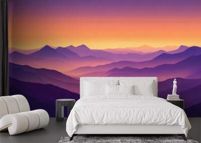 A beautiful vector landscape of mountains at sunset, with rich hues of purple and orange blending into the sky. Wall mural