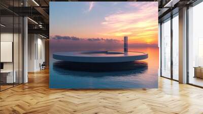 A circular platform in modern architecture, floating over blue water under a clear sunset sky, capturing the tranquility and beauty of the environment. Wall mural