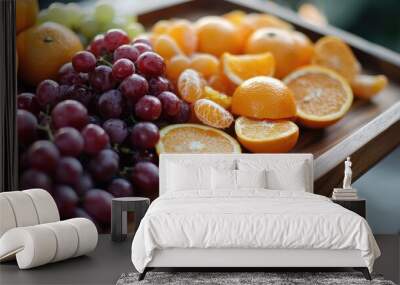 A close-up of a wooden tray featuring a variety of fruits, including juicy grapes and oranges, ready for serving. Wall mural