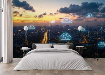 A cloud storage system with icons representing user collaboration, seamless file sharing between devices in a modern, digital landscape Wall mural