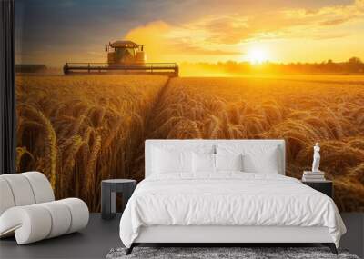 A combine harvester working in a golden wheat field at sunset, capturing the essence of the agricultural harvest season. Wall mural