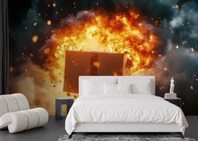 A delivery box explodes in a burst of flames, sending smoke and debris flying through the air in a dramatic fiery display Wall mural